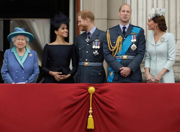 Group of people, including Queen Elizabeth II, Meghan Markle, Prince Harry, Prince William, and Duchess of Cambridge, watching planes fly over Buckingham Palace.