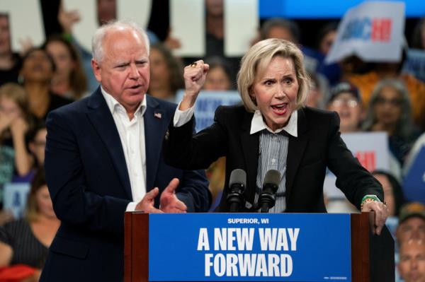 Gwen Walz, wife of Democratic vice presidential nominee Minnesota Governor Tim Walz, delivers remarks during an election campaign event in Superior, Wisconsin, U.S. September 14, 2024.