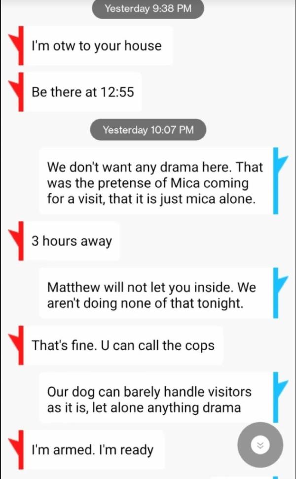 J.P. Miller allegedly threatened to show up at Mica's sister's house 