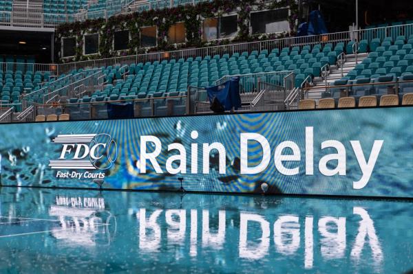 A view of center court at the Miami Open in Hard Rock Stadium during a rain delay on March 22, 2024