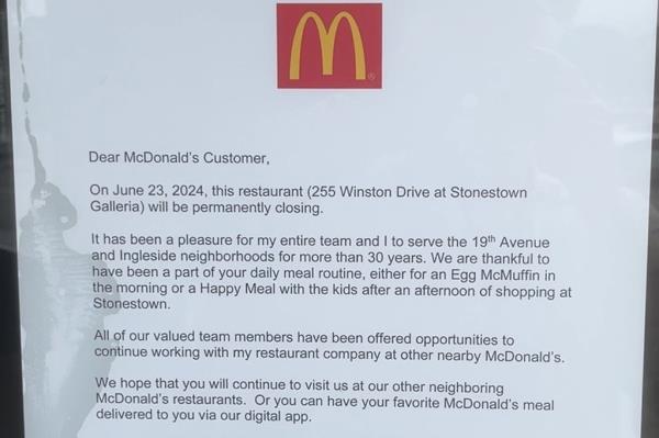 Owner Scott Rodrick posted a farewell note on the franchise's door after more than 30 years of business