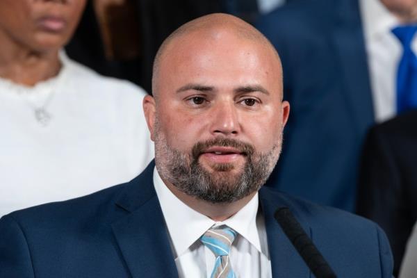 Council member Joseph Borelli speaking at City Hall during a call for unity after an assassination attempt on Former President Do<em></em>nald Trump