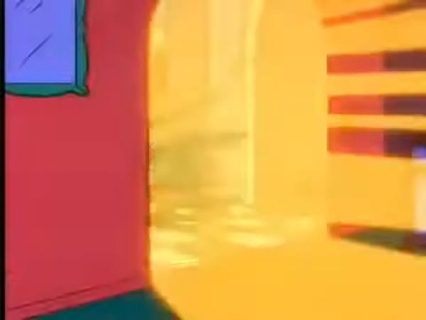 Image from The Simpsons S04E18 episode showcasing a cartoon room with a blue screen, referencing Bart's April Fools' Day prank and Homer in the hospital