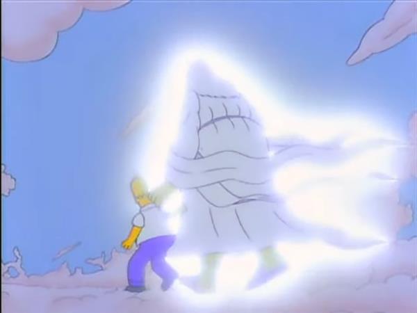 Homer from The Simpsons animated show in co<em></em>nversation with God, who is unusually depicted with five fingers