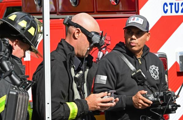A firefighter taking part in the drone drill.