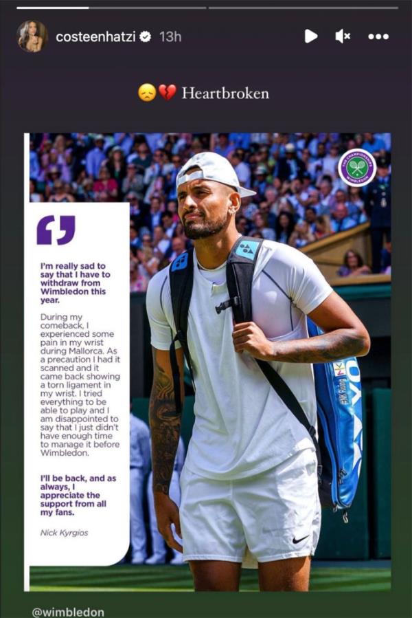 Costeen Hatzi reacts to Nick Kyrgios withdrawing from Wimbledon in July 2023. 