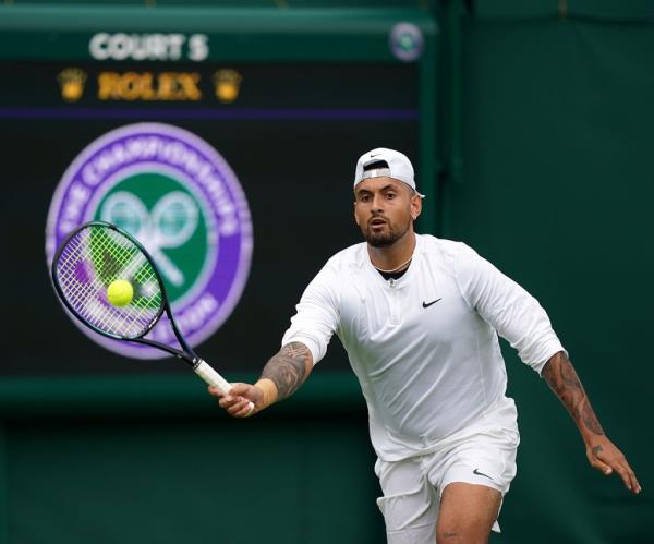 Nick Kyrgios practices at the All England Lawn Tennis and Croquet Club in Wimbledon on July 1, 2023. 