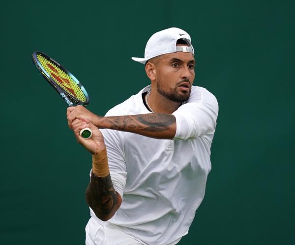 Nick Kyrgios practices at the All England Lawn Tennis and Croquet Club in Wimbledon on July 1, 2023. 
