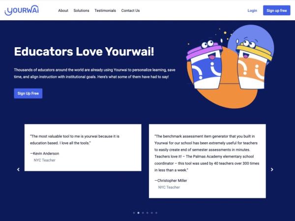 Screenshot from the Yourwai website testimo<em></em>nial page featuring quotes from NYC teachers and administrators praising the AI program. Kevin Anderson and Christopher Miller reviews pictured.