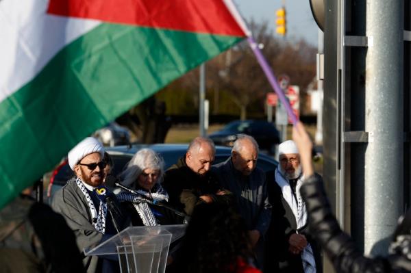 Imam Mohammad Ali Elahi speaks during an interfaith prayer vigil for Aaron Bushnell outside the Henry Ford Centennial Library in Dearborn, Michigan on March 3, 2024.