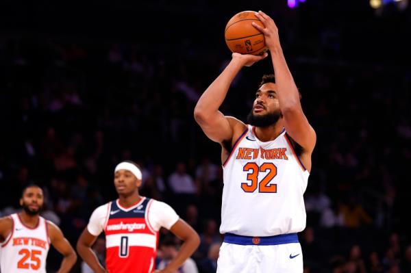 Karl-Anthony Towns attempts a free throw during the Knicks' preseason game on Oct. 9.