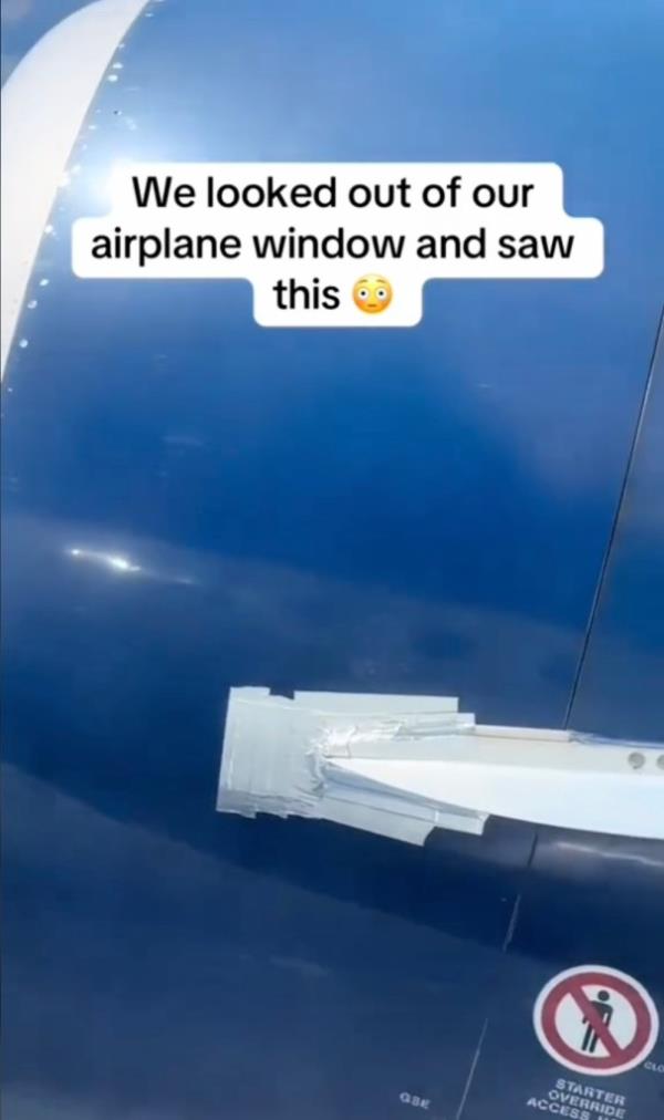 TikTok screenshot showing up close of jet engine with duct tape on it.