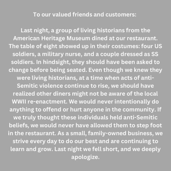 A Facebook post apologizing for the incident.