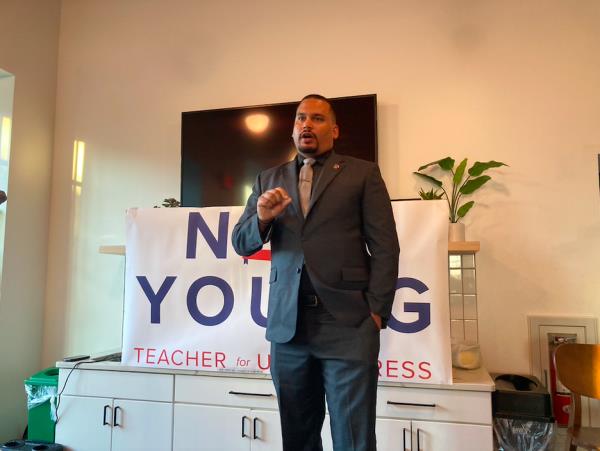 House candidate David Winkler speaks during the community fundraiser for Neil Young in West Chester, Pa., Monday, June 24, 2024.