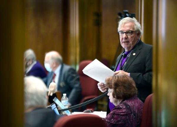 North Dakota Sen. Ray Holmberg, R-Grand Forks, speaks on the Senate floor at the state Capitol in Bismarck, N.D., in November 2021