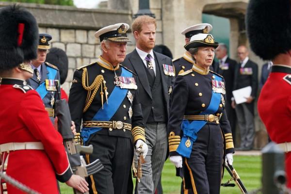 King Charles III, Prince Harry, Duke of Sussex, and Princess Anne, Princess Royal arriving at the Committal Service for Queen Elizabeth II at St George's Chapel, Windsor Castle.