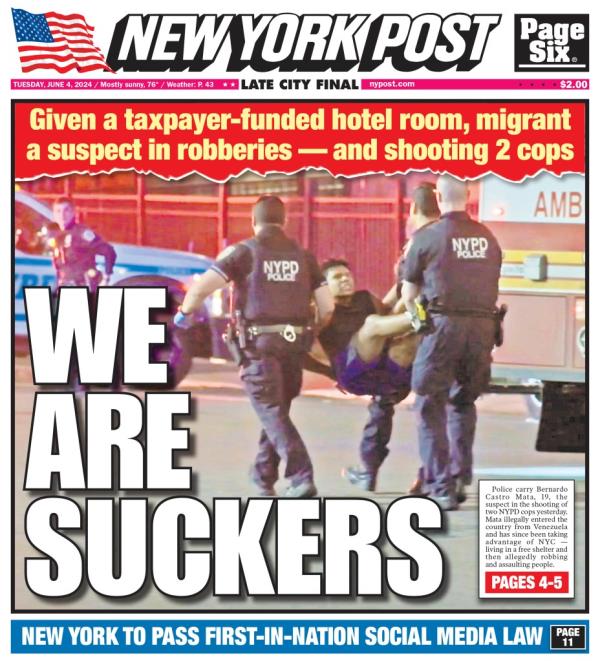 A New York Post front page a<em></em>bout Mata entering the US illegally last year.