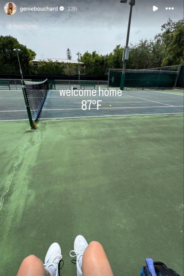 Eugenie Bouchard on a tennis court in Miami, Florida on July 10, 2024.
