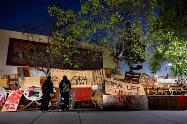 Pro-Palestinian students and activists protest at an encampment on the campus of California State University, Los Angeles, in Los Angeles, California, on May 6, 2024.