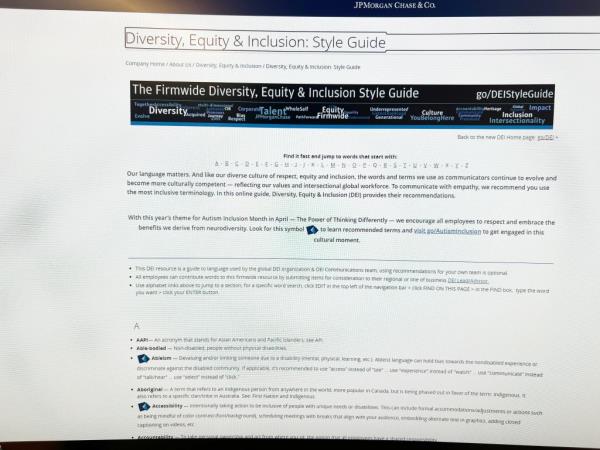 A screenshot of the JP Morgan woke style guide.
