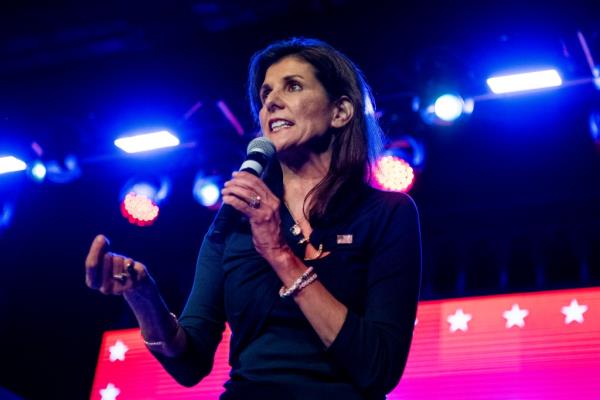 Republican presidential candidate Nikki Haley speaking into a microphone at a campaign rally in Fort Worth, Texas, on March 4, 2024