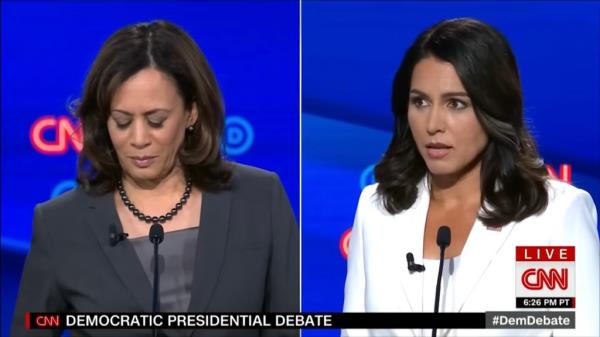 Split screen of Tulsi Gabbard and Kamala Harris during the 2019 Democratic presidential primary debate on CNN.