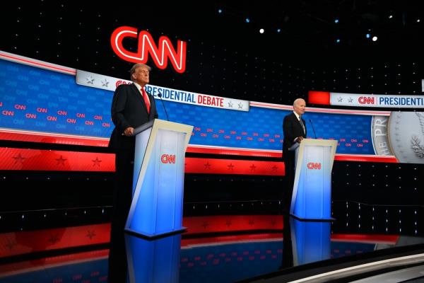 Joe Biden and Do<em></em>nald Trump participate in the first Presidential Debate at CNN Studios in Atlanta, Georgia, on June 27, 2024. 