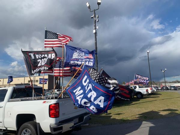 Trump supporters park outside of the South Carolina state fair grounds.