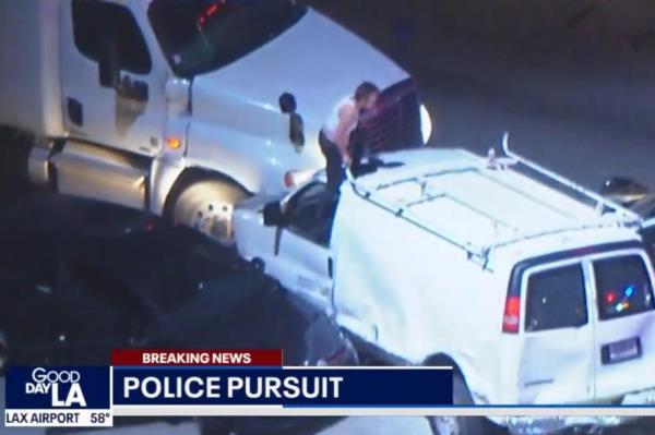 A morning high-speed pursuit ended in a violent multi-vehicle crash on the 405 Freeway in West Los Angeles Friday when the suspect drove in the wrong direction