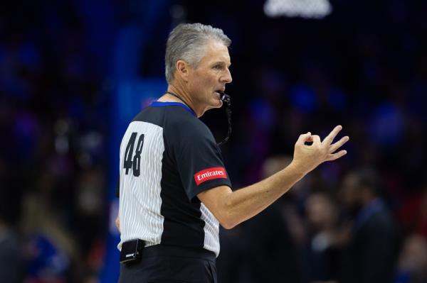 Referee Scott Foster (48) reacts to a play between the Philadelphia 76ers and the Memphis Grizzlies during the second quarter at Wells Fargo Center. 