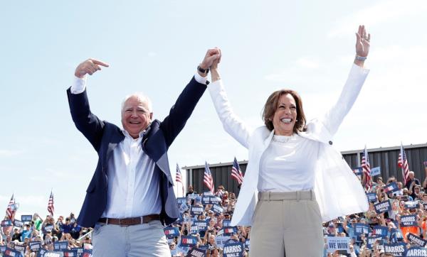 Kamala Harris and Tim Walz at a rally.