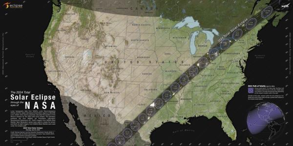 A photo of a map. The total solar eclipse will be visible along a narrow track stretching from Texas to Maine on April 8. A partial eclipse will be visible throughout all 48 co<em></em>ntiguous U.S. states.