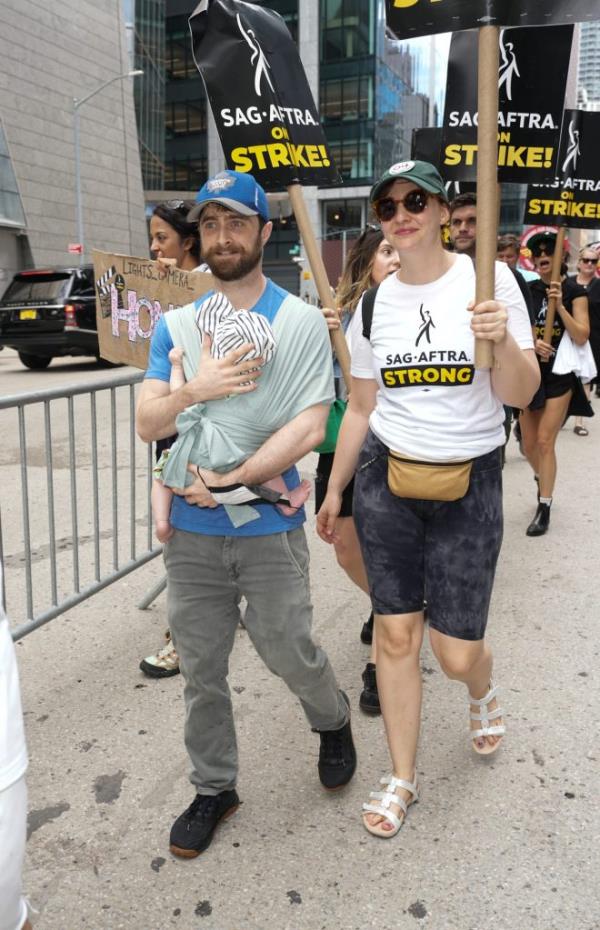 Daniel Radcliffe and his girlfriend Erin Darke brought their newborn baby along to the SAG-AFTRA picket line in New York City Friday.
