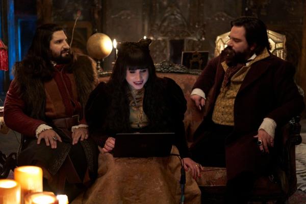 Kayvan Novak as Nandor, Natasia Demetriou as Nadja and Matt Berry as Laszlo in 