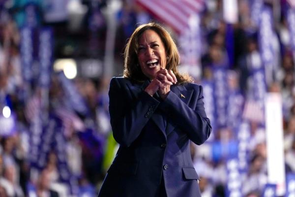 Vice President Kamala Harris appears on stage during the Democratic Natio<em></em>nal Convention, Aug. 22, 2024, in Chicago.