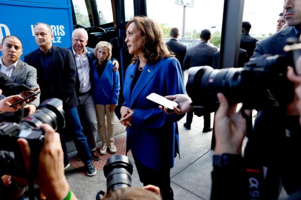 Harris speaks to reporters outside of Primanti Bros. Restaurant on August 18, 2024 in Moon Township, Pennsylvania.