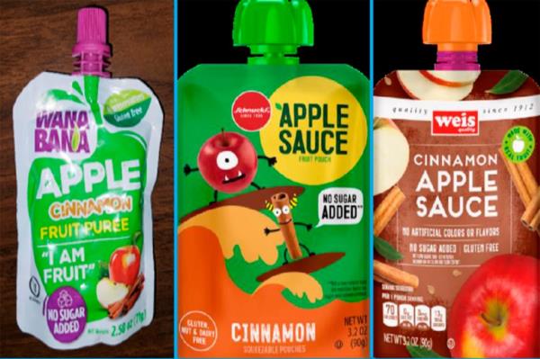 Three recalled applesauce products - WanaBana apple cinnamon fruit puree pouches, Schnucks-brand cinnamon-flavored applesauce pouches and variety pack, and Weis-brand cinnamon applesauce pouches.