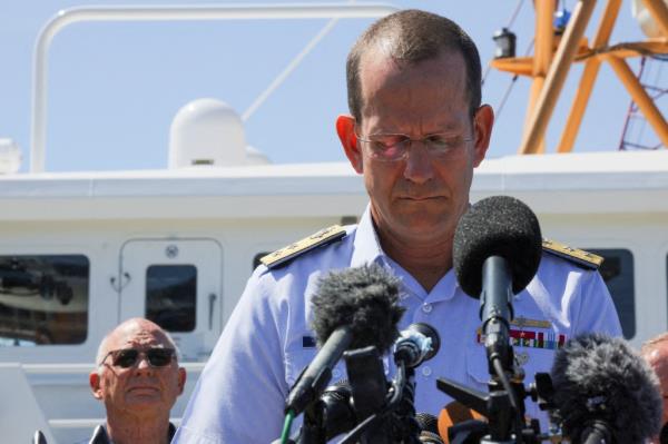 Rear Adm. John Mauger, the First Coast Guard District commander, speaks a<em></em>bout the OceanGate Expeditions submersible in Boston on June 22, 2023.