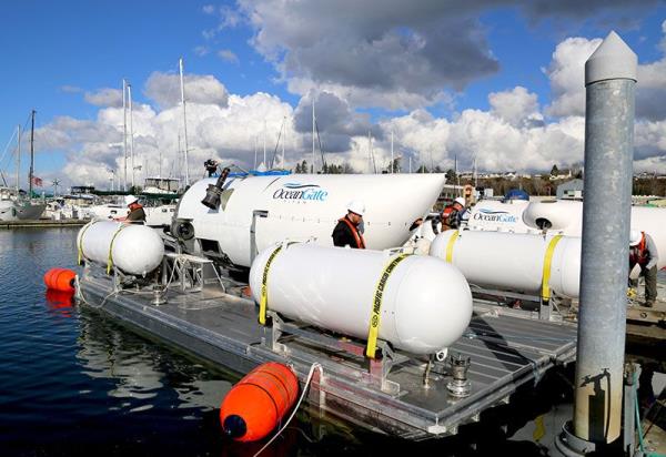 Crews working on the OceanGate Expeditions' Titan sub.