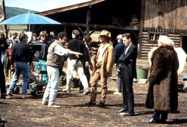 Brad Pitt, Henry Thomas and Edward Zwick on set of Legends of the Fall.