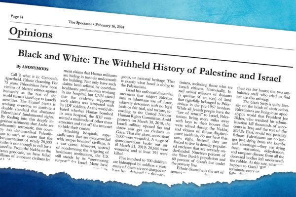 A newspaper with black text.