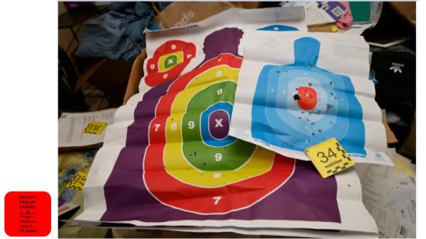 This image provided by the 4th Judicial District Attorney's Office shows bullet-riddled rainbow shooting targets found by investigators in the bedroom of Laura Voepel, the mother of Club Q shooting suspect Anderson Lee Aldrich in Colorado Springs