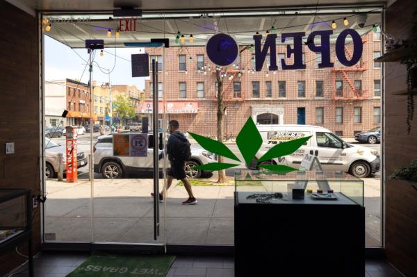 Man walking past a gelato dispensary on 3rd Ave in Bay Ridge, Brooklyn with a seized truck filled with cannabis products in the background