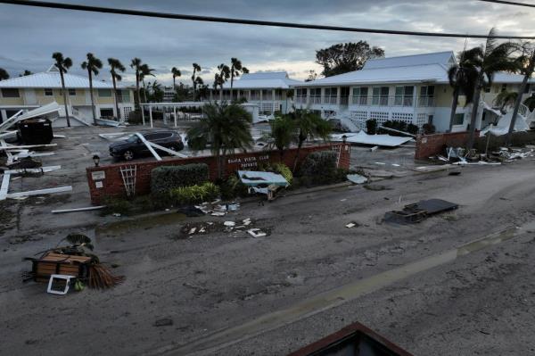 Drone view showing damaged buildings and structures in Venice, Florida after Hurricane Milton's landfall on October 10, 2024