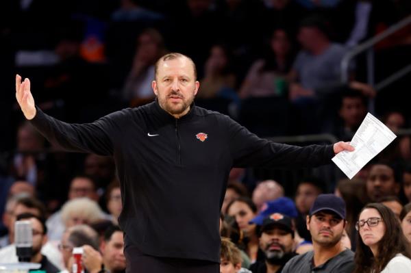 Knicks head coach Tom Thibodeau reacts during a preseason game against the Boston Celtics.