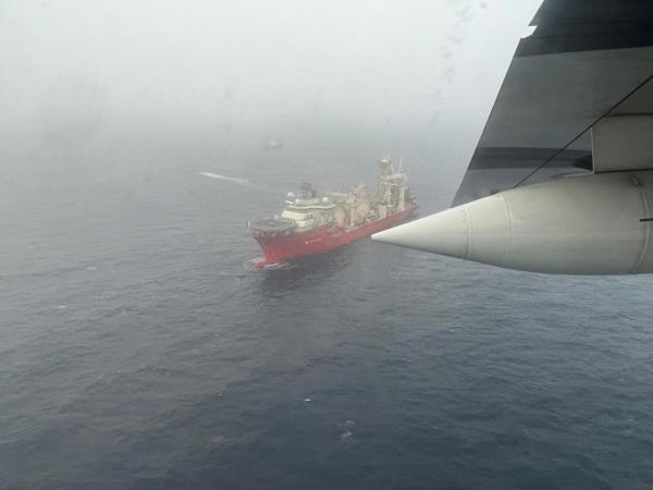 An aerial view of the Bahamian research vessel Deep Energy ship after it arrived in the area for OceanGate Titan Submersible search and rescue operations. 