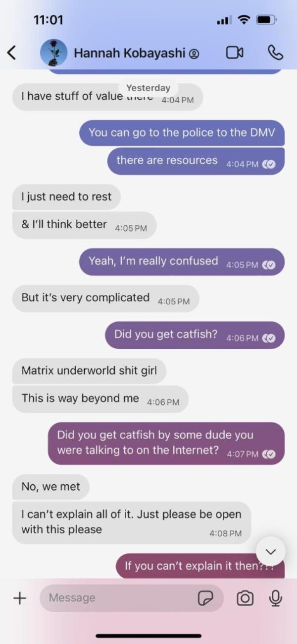 A text thread from Hannah Kobayashi before she went missing.