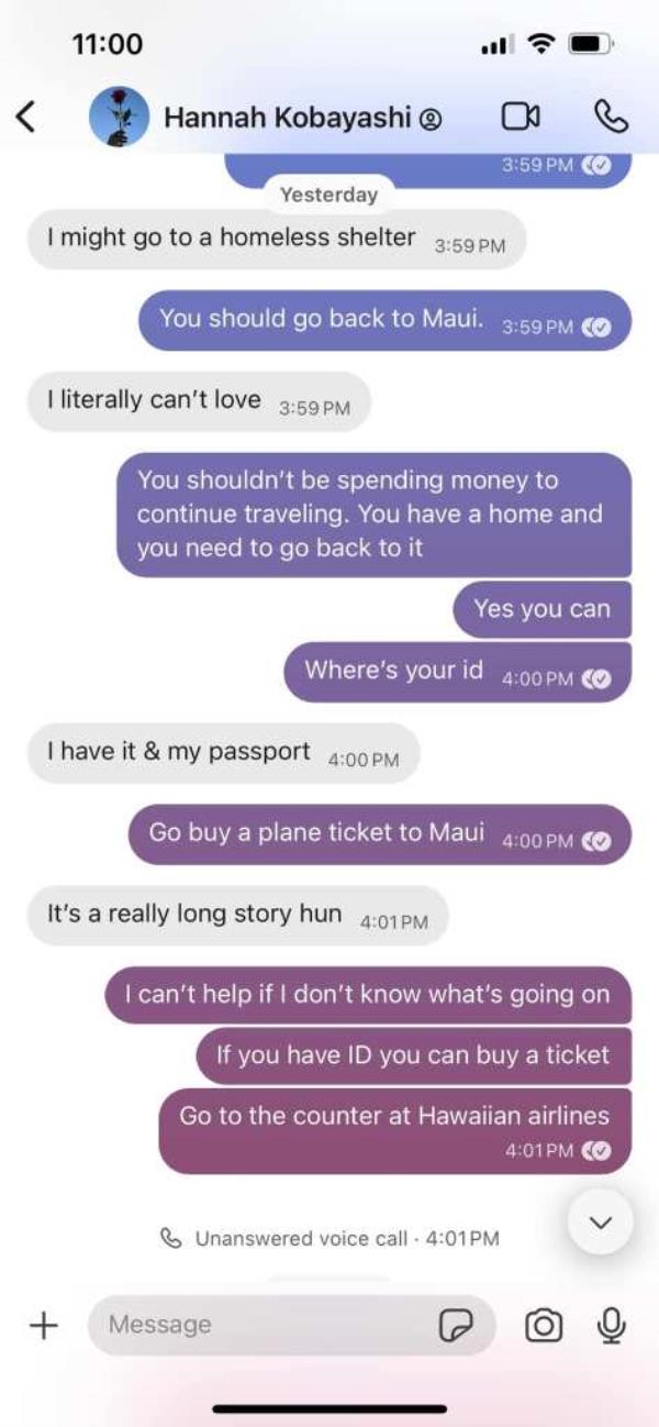 Text message from Hannah Kobayashi.