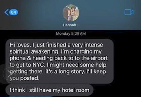 A screenshot of a chat wher<em></em>e Hannah Kobayashi discusses her 'intense' spiritual awakening, related to a news article a<em></em>bout her mysterious disappearance