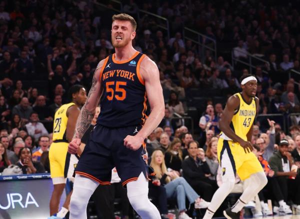 Isaiah Hartenstein of the New York Knicks dunking during the game against Indiana Pacers at Madison Square Garden, Manhattan, NY in February 2024.